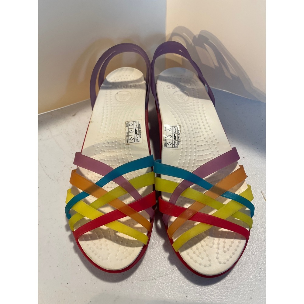 Crocs Huarache Mini Wedge Sandals Womens 8 Multi Color Strappy Rainbow 14384